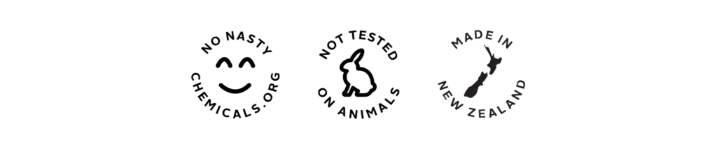 No nasty chemicals, Not tested on animals, Made in New Zealand